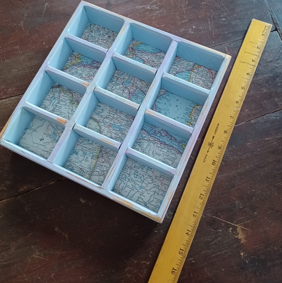Handmade blu grey wooden mini wall curio cubby display shelf & vintage road maps - Picture 5 of 8